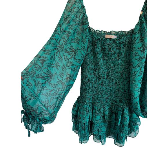 Olivaceous South Sz L Green Floral Smocked Body Sheer Sleeve Short Boho Dress - Picture 4 of 7